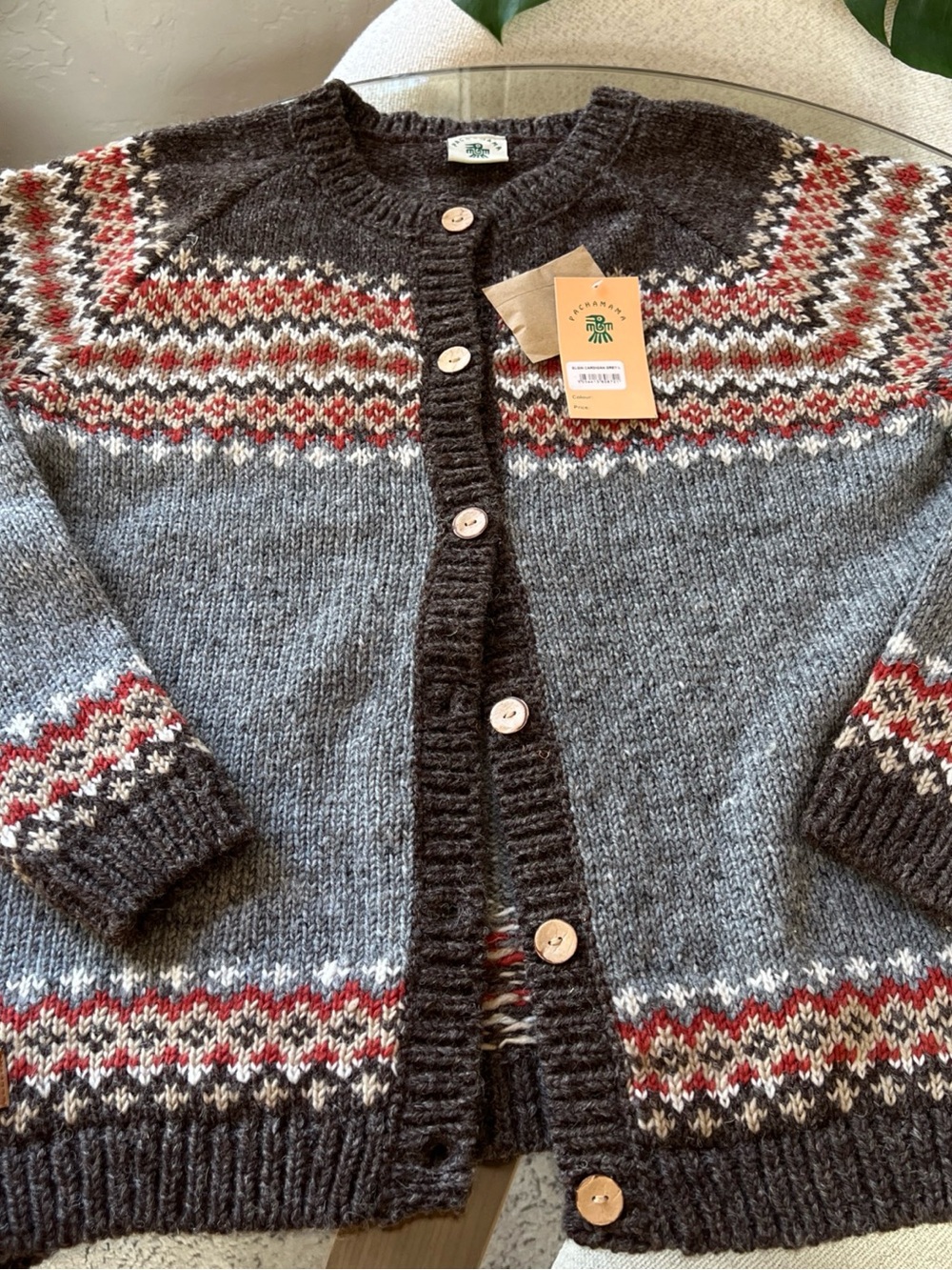 Hand-Knit Fair Isle Cardigan Sweater - Gray & Brown with Red Accents